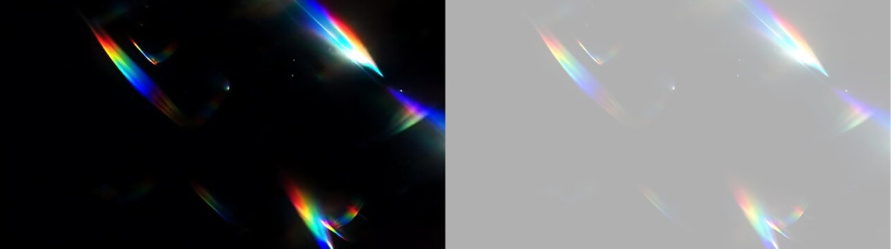 Prism light leak overlay with vivid rainbow spectral glare. Optical lens refraction effect for photo compositing