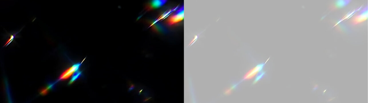 Rainbow prism light refraction overlay on transparent background. Spectral lens flare and optical light leak effect