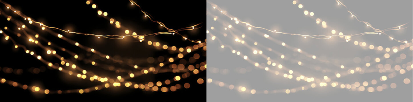 Golden fairy lights garland overlay on transparent and black background. Glowing string lights with warm light bokeh effect for Christmas festive decoration
