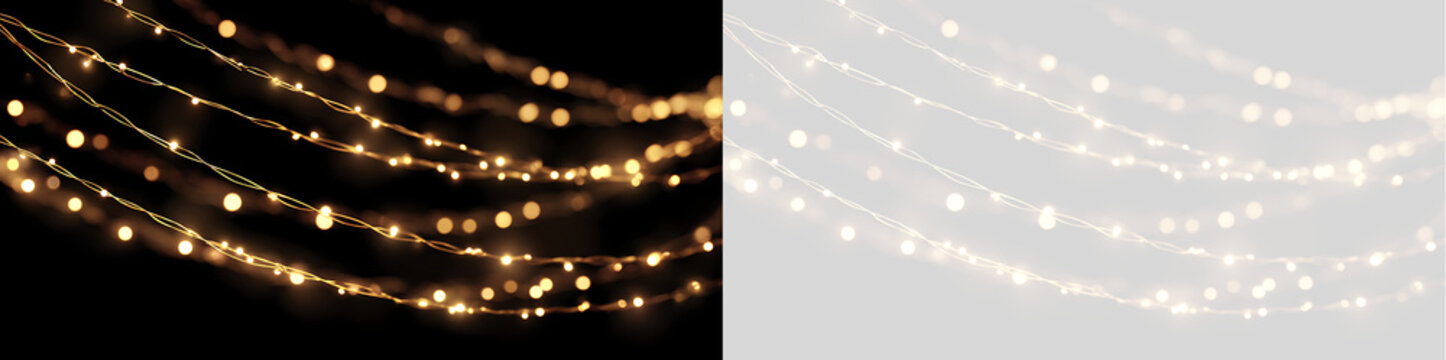 Glowing golden string lights on black and transparent background. Christmas fairy light garland overlay for festive design