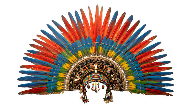 Traditional colorful feather warbonnet chief headdress isolated on transparent background.