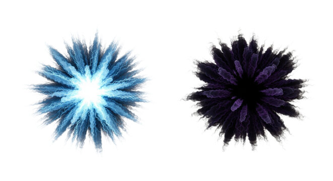 isolated abstract magical energy explosions: brilliant light blue plasma and contrasting dark matter void, highly detailed cgi render on transparent background, concept of intense dualistic power