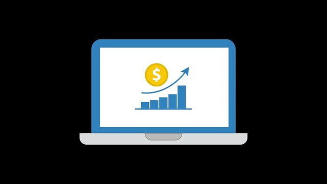 Laptop screen with financial growth chart and dollar coins. Online trading, income growth, investment analytics, and digital business success. 2D animation with 4K resolution and alpha channel.