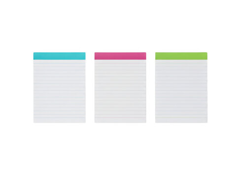 Three colorful sticky note pads with blank white paper sheets for office and school notes