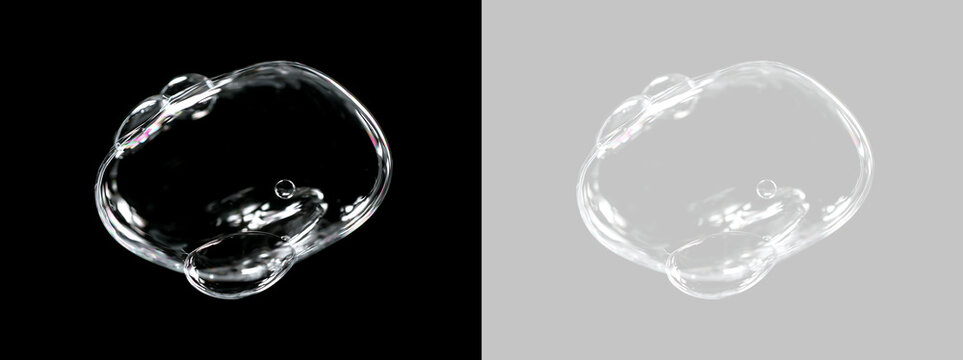 Clear liquid soap bubble ring with micro bubbles. Floating water ring element isolated on transparent and black background