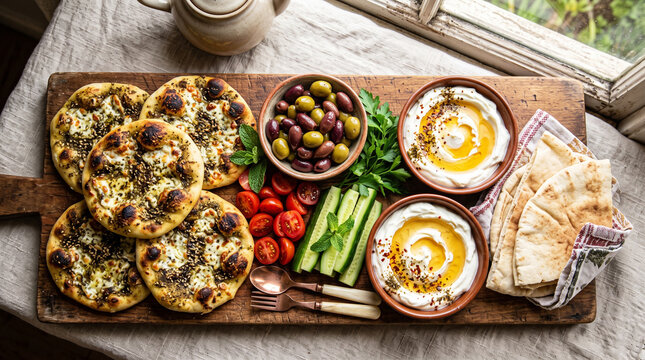 Levantine breakfast platter featuring Za'atar Manakeesh (flatbreads topped with herbs, sesame seeds, and sumac).