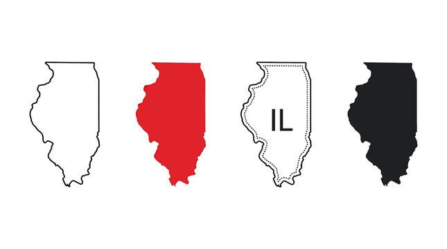 Illinois state map outline silhouette icon set with red, black, and line art variations for regional geography design