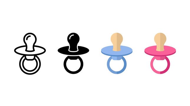Collection of baby pacifier icons in outline and flat color styles for newborn care, nursery, and parenting concepts