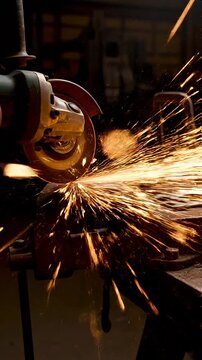 Sparks showering from grinder cutting steel