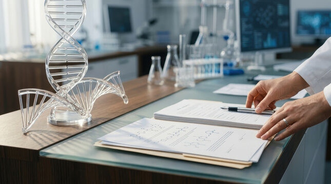 Biotech patent disputes arise in research labs where DNA models and chemical formulas are studied for innovation and protection of discoveries