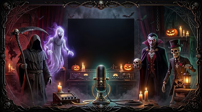 Spooky Halloween Podcast Cover Frame Featuring Paranormal Characters and Decor