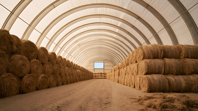 Hay Bales Stored inside Arched Agricultural Warehouse