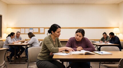 Fototapeta premium Adult students studying together in a welcoming classroom setting.