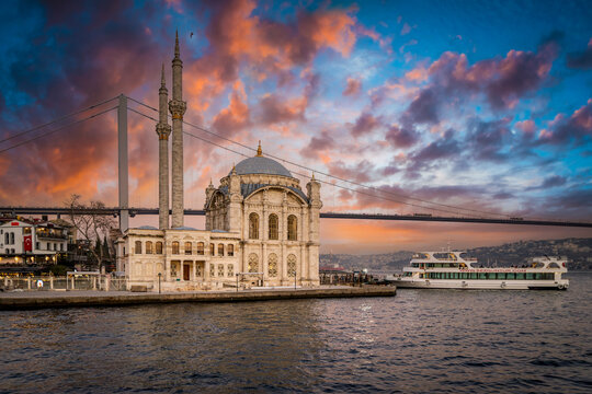 Istanbul, Turkey - December 28, 2023 : Ortakoy district view from Bosphorus in Istanbul