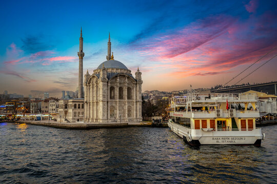 Istanbul, Turkey - December 28, 2023 : Ortakoy district view from Bosphorus in Istanbul