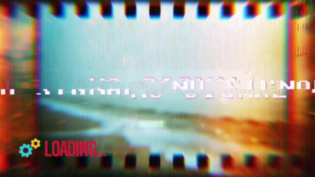 Retro 35mm Film Frame with No Signal Glitch Text and Loading Bar Overlay.