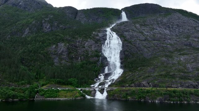 Drone shot of Langfossen, a massive waterfall in southern Norway