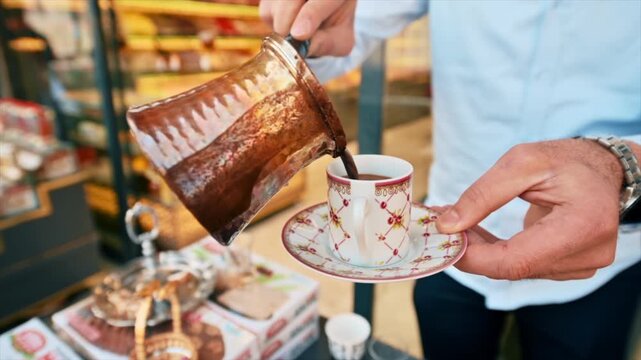 Barista pouring hot turkish coffee from traditional copper cezve into patterned porcelain cup outside shop.