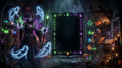 Fototapeta premium Dark Enchantress Performing Magic Ritual in a Mystical Workshop Frame Template