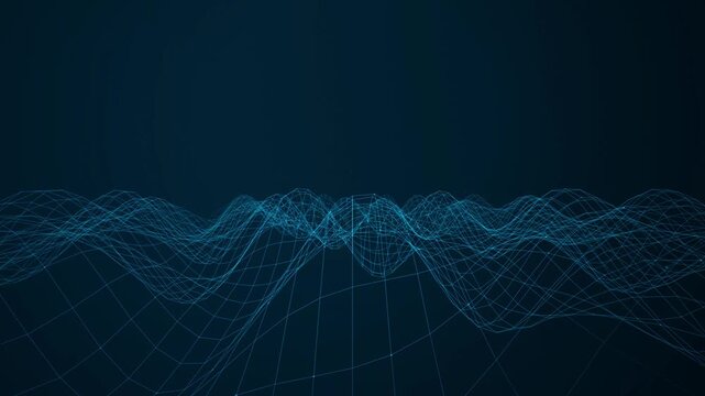 A digital wireframe grid undulates in a seamless loop