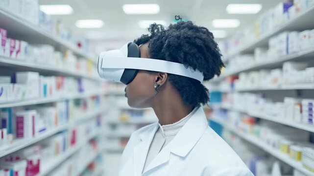 African woman wearing virtual reality headset in pharmacy aisle representing immersive healthcare training digital medicine education future retail technology augmented pharmaceutical experience today
