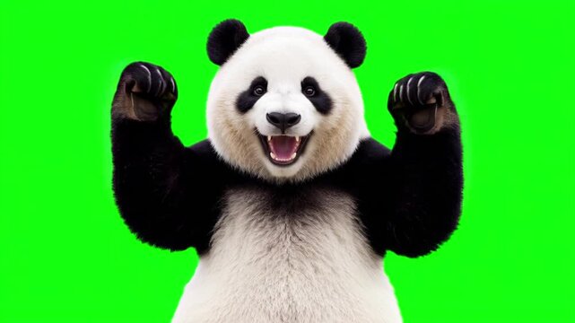 Realistic panda bear raising hands and cheering joyfully, victorious business success and winning celebration concept isolated on chroma key green screen background. 3D.
