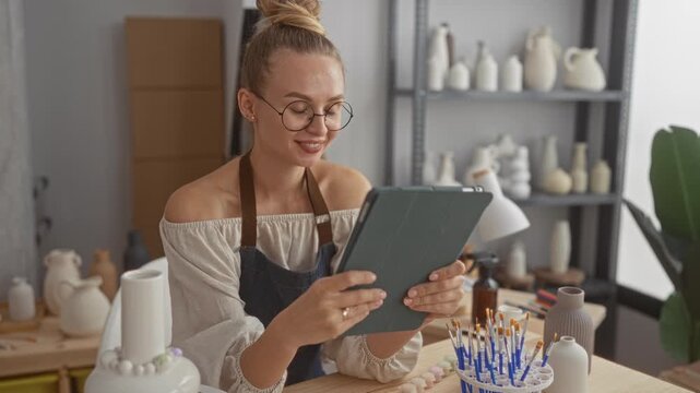 Woman holding tablet with hands, fingers touching screen in studio surrounded by pottery and brushes; creative serenity.