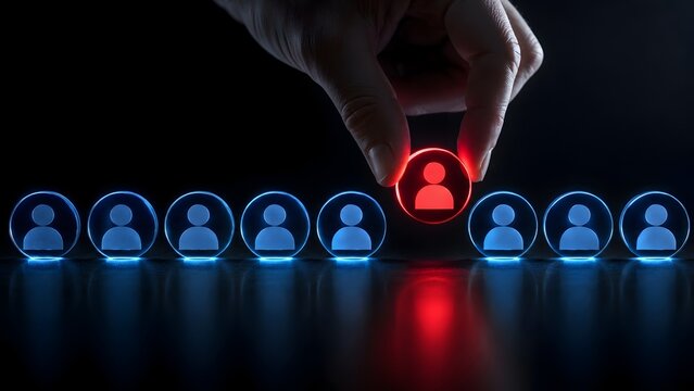Hand Selecting Red Glowing Round Profile Icon from a Line of Blue Icons Concept of Identifying Key Personnel and Leadership