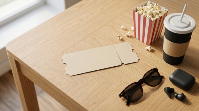 Movie ticket with popcorn and drink on a wooden table