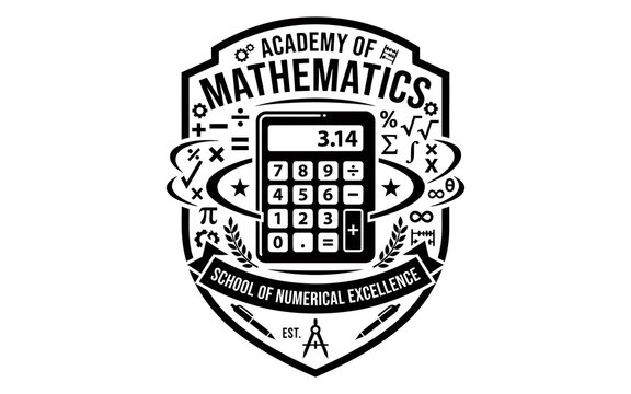Academy of mathematics vintage style emblem logo with a calculator and math symbols for school and education
