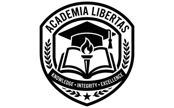 Black and white academic shield emblem logo with graduation cap open book and burning torch for school or university