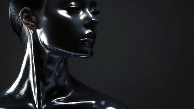 Hyper realistic glossy black chrome female portrait with reflective metallic skin dramatic lighting and elegant pose representing futuristic beauty fashion aesthetics luxury style modern digital art