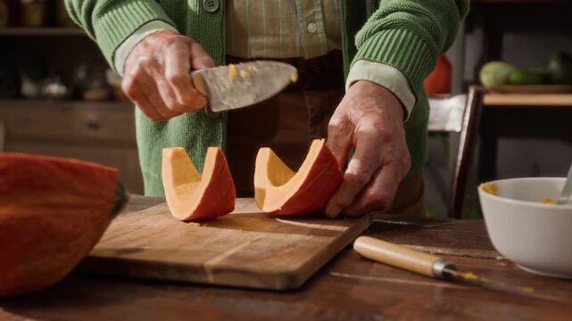 Hands of senior man slicing fresh orange pumpkin on wooden cutting board in home kitchen. Clip is ideal for autumn cooking tutorials, healthy lifestyle promotions, or Thanksgiving recipe videos