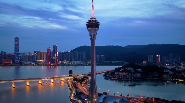 Aerial View of Macau Tower and Sai Van Bridge at Dusk, Macau