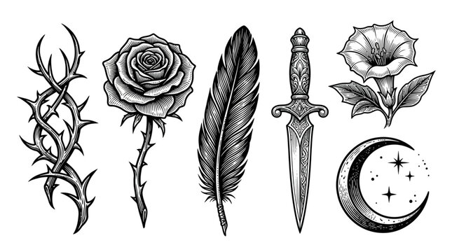 Gothic Elements: Rose, Thorn, Feather, Dagger, Moon, Flower Isolated