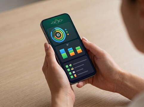 Close-up of hands holding smartphone displaying a wellness app with colorful circular progress tracker, bar charts, and healthy food checklist over wooden table