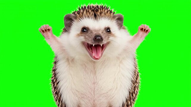 Realistic Hedgehog raising hands and cheering joyfully, victorious business success and winning celebration concept isolated on chroma key green screen background. 3D.
