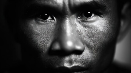 Naklejka premium Close up portrait of a person in dramatic black and white lighting