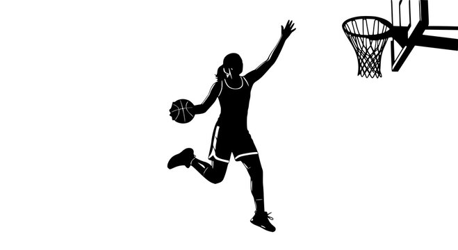 Female basketball player silhouette jumping towards the hoop vector illustration - design for sports team posters, fitness apparel prints, and tournament promo banners. JPEG version.