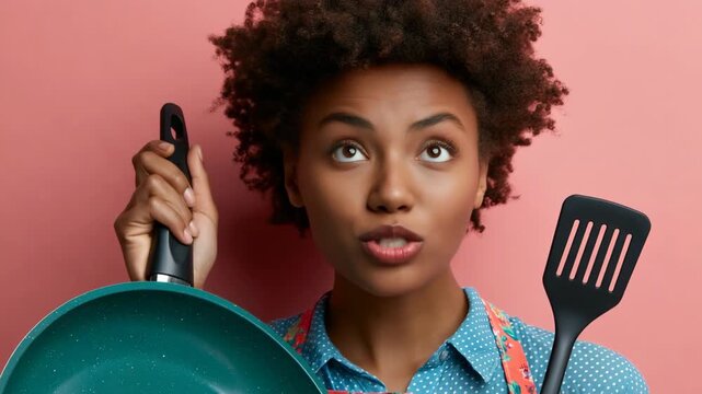 Surprised woman holding a teal frying pan and spatula in floral apron on pink background for kitchen banner and cooking blog design