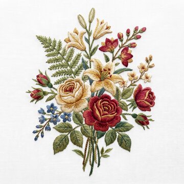 Roses and lilies intertwined in a classic floral arrangement showcase fine thread work and delicate embroidery techniques that bring a rich textural quality to this elegant botanical composition.