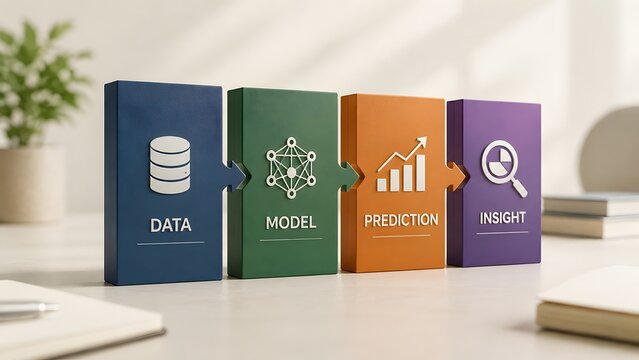 Four colorful vertical blocks displaying data model prediction and insight icons representing the machine learning workflow and analytics process