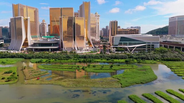 Aerial View of Cotai Ecological Reserve and Galaxy Macau Casino, Macau