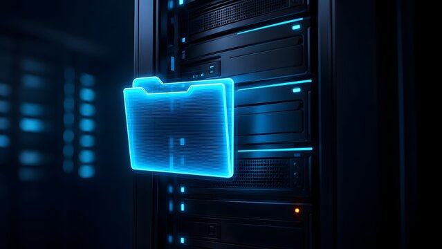 Glowing blue digital folder icon floating in front of a dark server rack representing secure cloud file storage and data access.