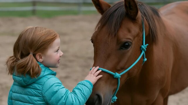 Young girl petting brown horse with turquoise halter in paddock for child equestrian portrait and animal bonding background