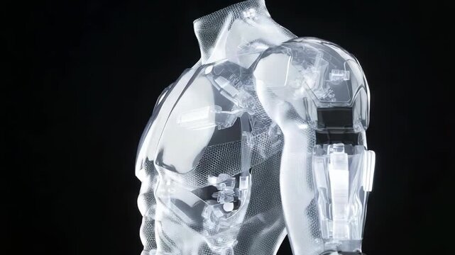 ransparent humanoid upper body made of glass with visible internal mechanical structure reflections and smooth glossy surface futuristic artificial intelligence concept minimal dark studio background
