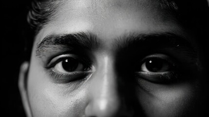 Naklejka premium Close up portrait in monochrome with dramatic lighting and intense focus