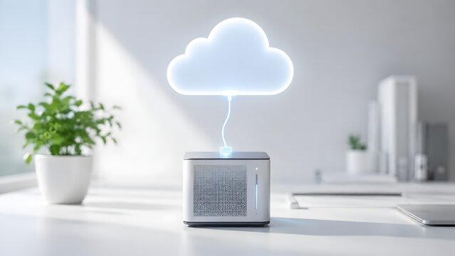 Cloud computing and data storage technology concept with glowing cloud icon connected to a modern server box in office interior