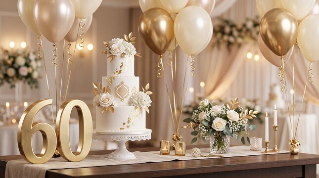 Elegant White Tiered Cake with Gold Foliage Accents for happy 60th birthday Luxury Event Celebration