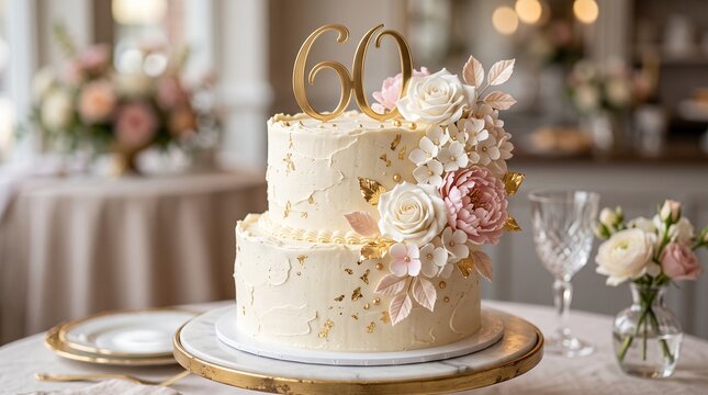 Sophisticated Floral Cake Topped with Gold Number 60 for happy 60th birthday Anniversary Party Setup
